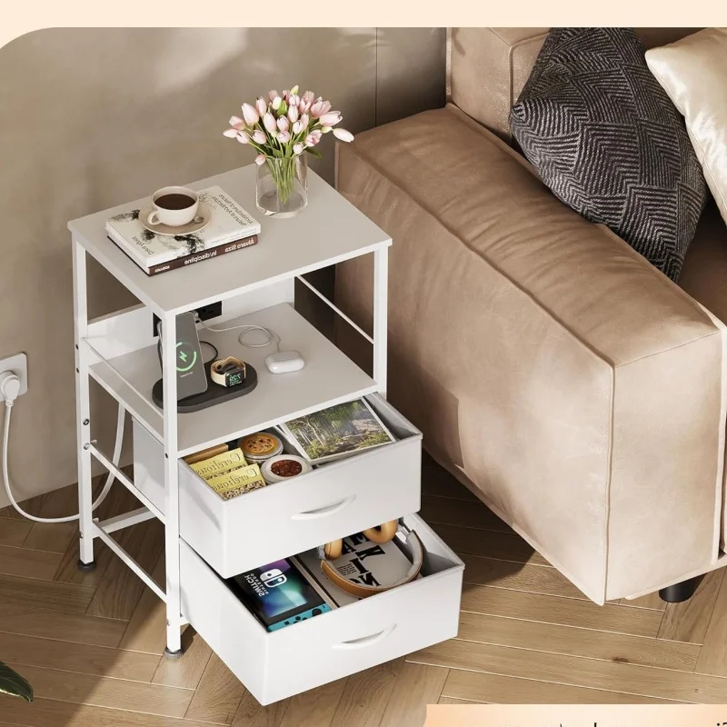 منضدة GALAXHERO مع محطة شحن LED طاولة بجانب السرير 2 أدراج قماشية رف تخزين 3 منافذ USB 2 منافذ خزانة صغيرة