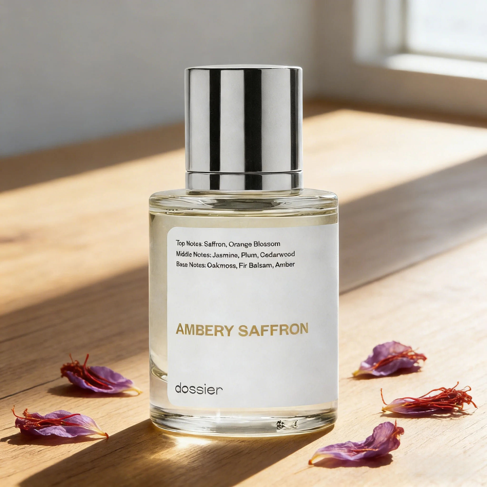 Dossier Ambery Saffron Unisex Eau de Parfum Warm Spicy Amber Woody Scent Minimalist Clear Round Bottle Silver Cap Long Lasting Neutral Daily Fragrance Premium Holiday Gift for Men and Women view 4