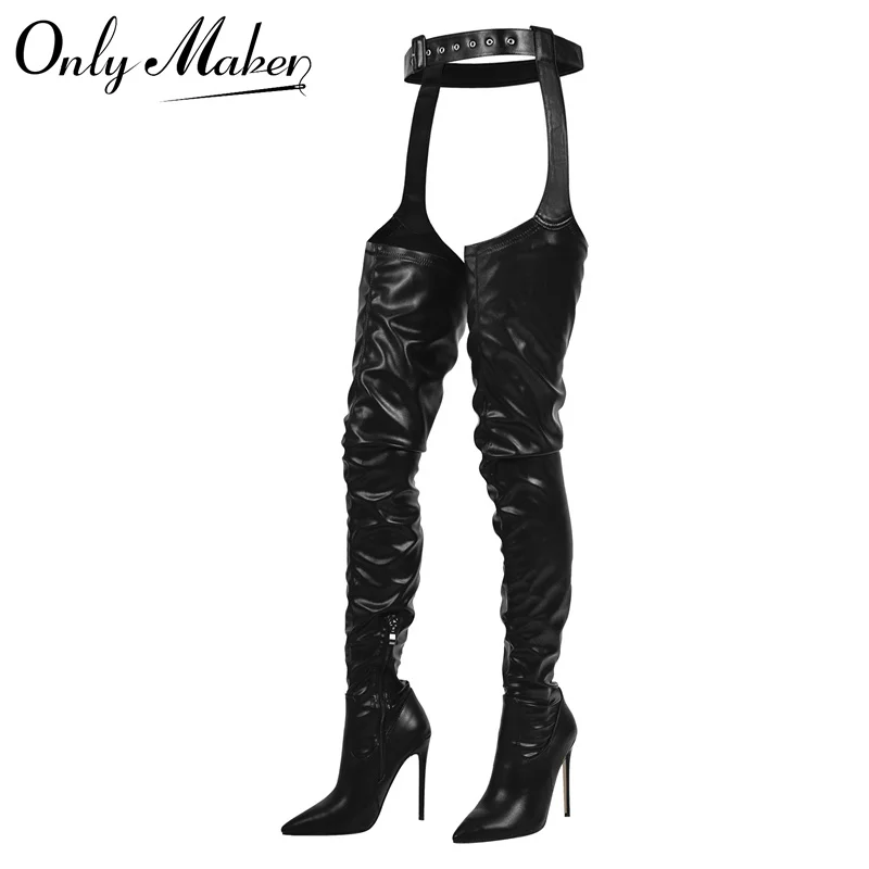 Onlymaker Women Pointed Toe Waist High Boots 12CM Over The Knee Boots Elastic Slim Sexy Stiletto Thigh High Belt Boots