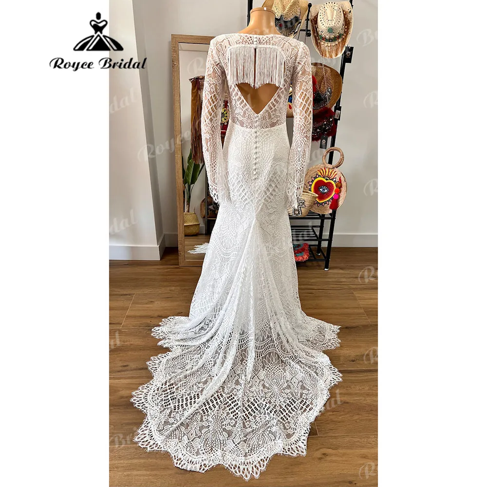 Tassel Fringed Long Sleeve Lace Mermaid Boho Bohemian Wedding Party Dress for Women 2024 Backless Bridal Gown Custom Made Sexy