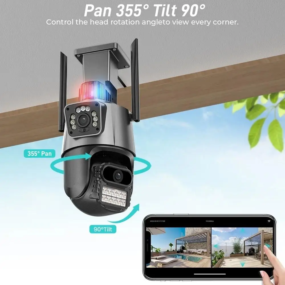 12MP 6K WiFi IP Camera Outdoor Three Lens Dual Screens 8X PTZ Zoom Video Auto Track Security Protection Surveillance
