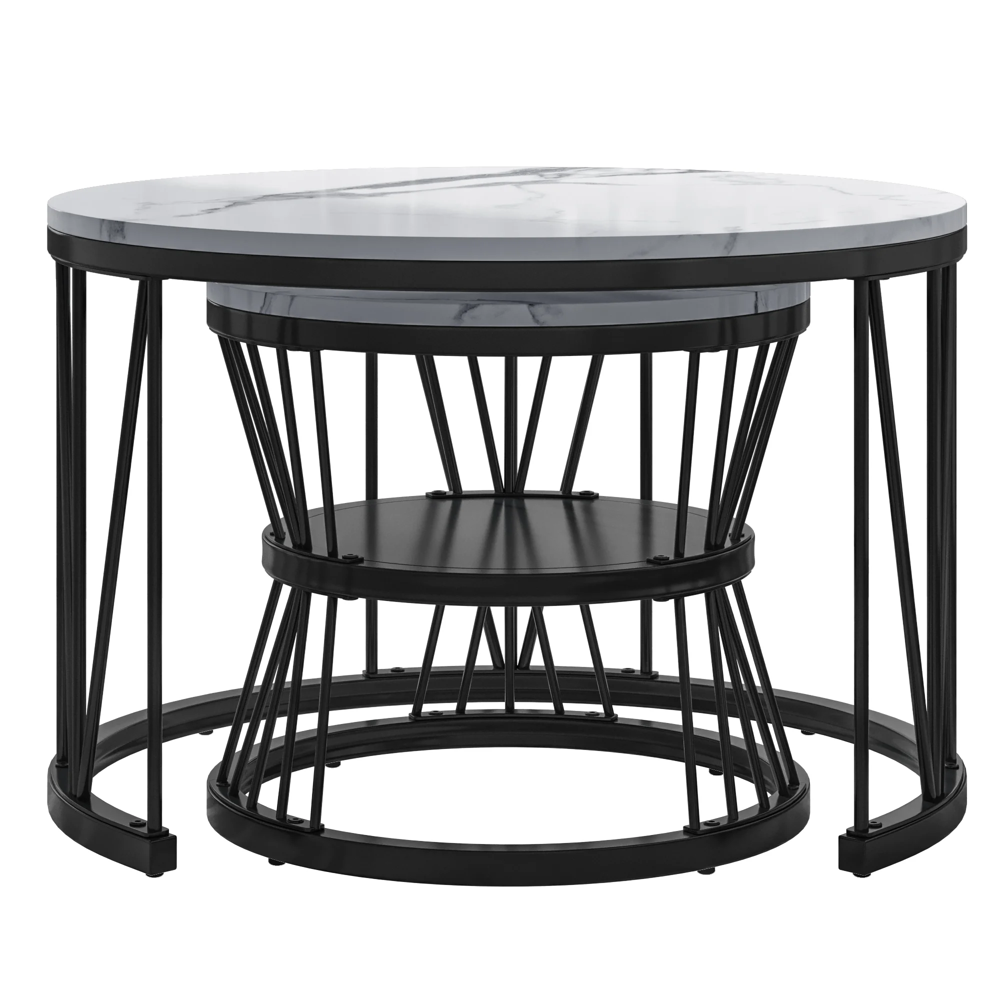Zweiteiliges modernes rundes Couchtisch-Set, ineinander stehende Couchtische, Metallrahmen, Marmortextur, für Wohnzimmer oder Balkon geeignet. – Detail 2
