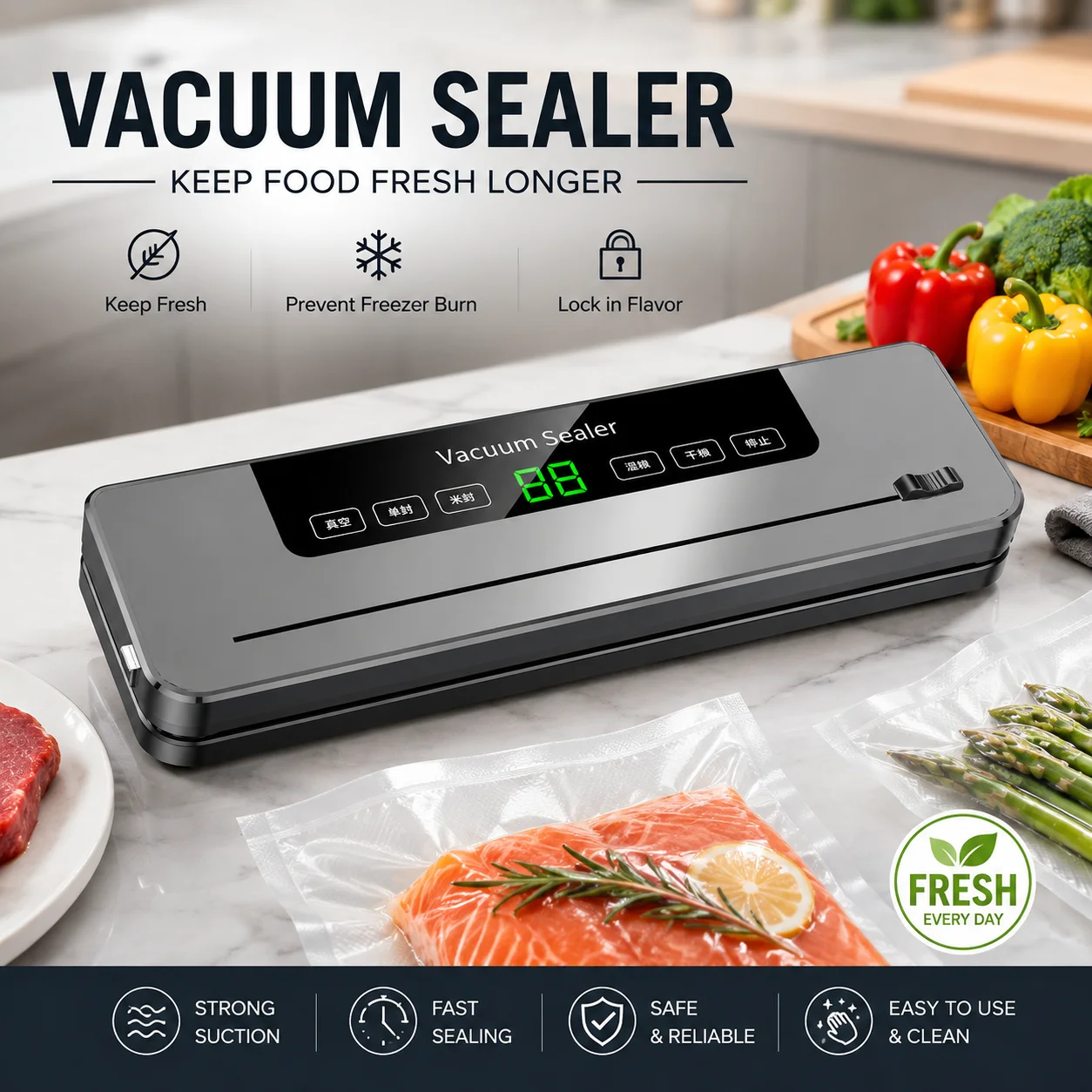 Food Storage Vacuum Sealing Machine, Dual-Purpose Automatic Vacuum Sealer for Dry & Wet Foods, Food Preserver with Built-in Cutter, Household Kitchen Sealing Machine, Vacuum Food Sealer, Kitchen Vacuum Packer, Meat Fruit Vegetable Preservation