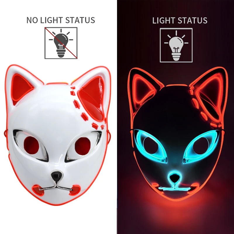 LED Glowing Cat Face Mask Cool Cosplay Neon Demon Slayer Fox Masks per Halloween Birthday Gift Carnival Party Masquerade Decor