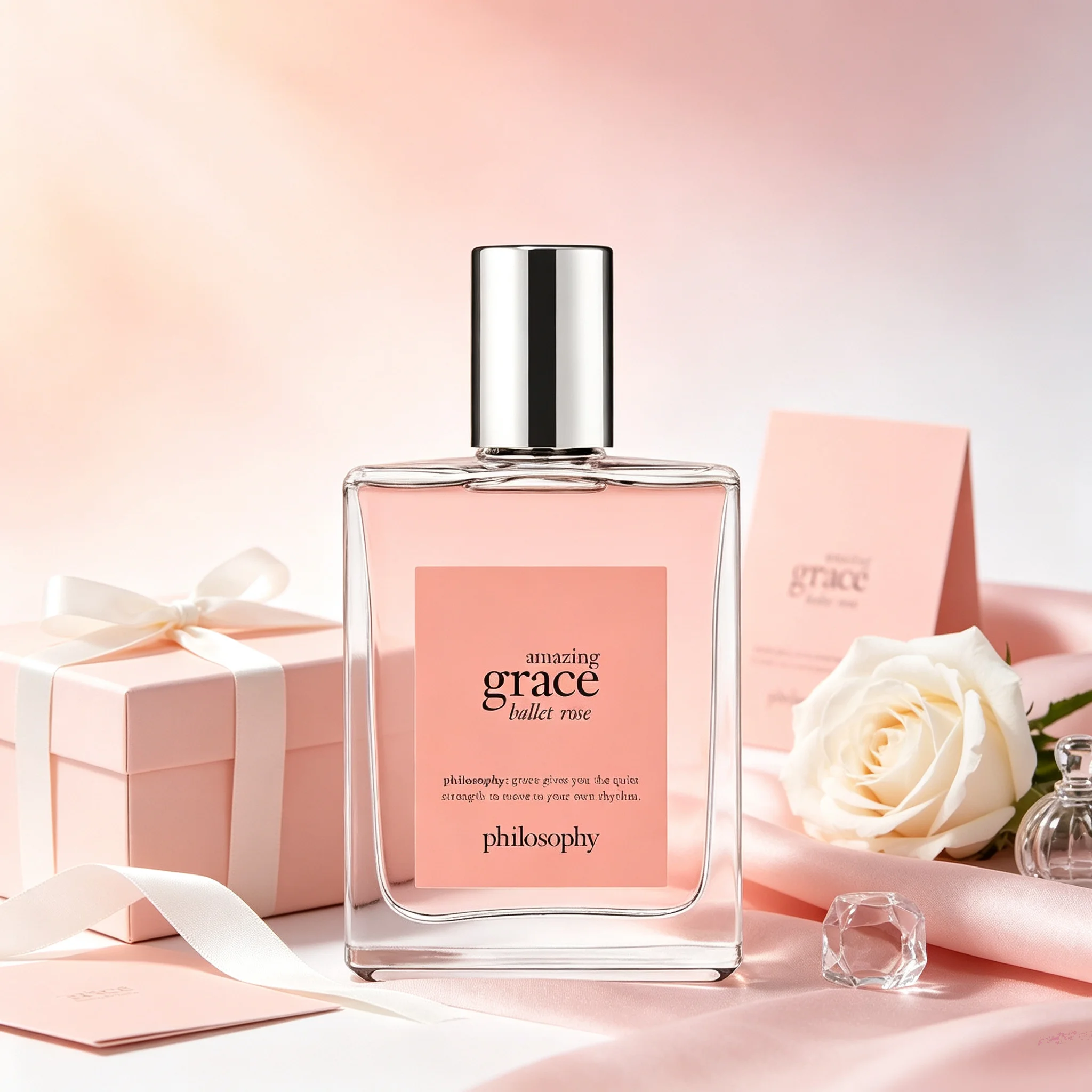 

Amazing Grace Ballet Rose by Philosophy Ladies Perfume Minimalist Transparent Square Vessel Simple Silver Flat Cap Light Delicate Soft Rose Floral Fragrance Blogger Aesthetic Travel Daily Perfume For Young Women