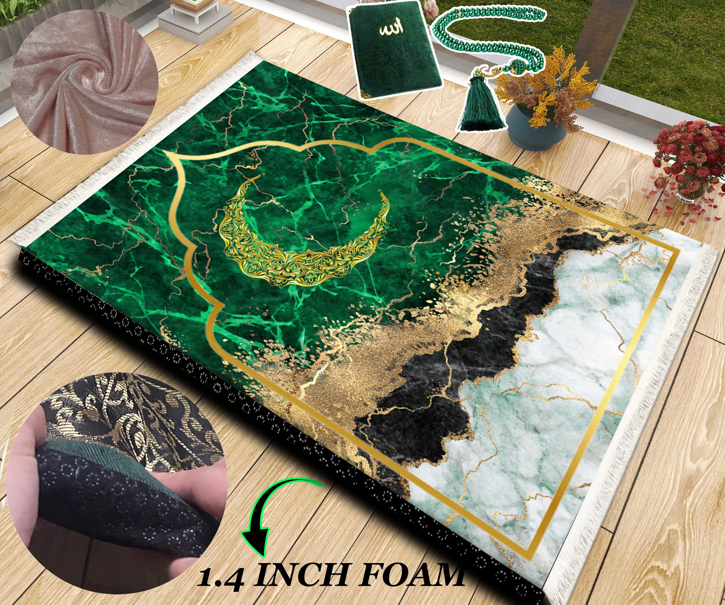 

Extra Thick Foam Padded Turkish Marble Gold Green Prayer Rug, Yaseen, Soft Praying Mat Carpet & Pearl Tasbeeh, İslamic Gift Set