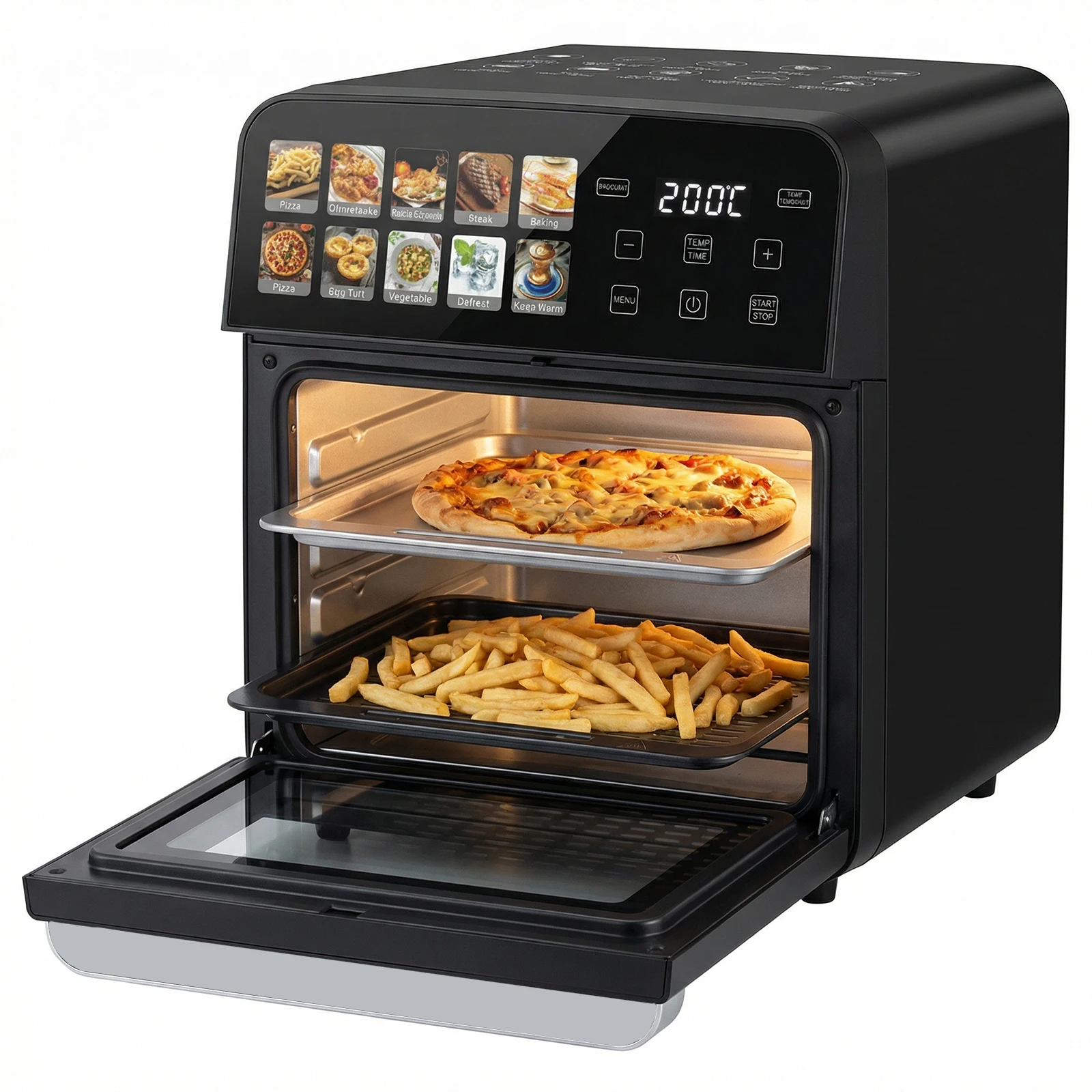 Horno Freidora de Aire de 10L 1800W, Sin Aceite 360 ° Freidora de Aire Caliente, Pantalla Táctil, 11 Programas, 80-200 ° C, Cocina Multifuncional Saludable para Pizza, Pollo y Papas Fritas