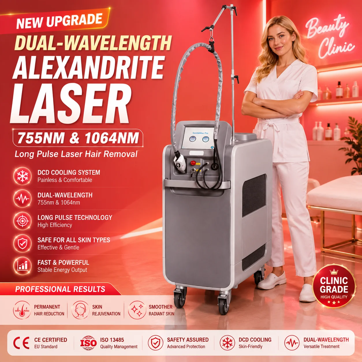 755nm Alexandrite Long Pulse  Hair Removal Machine with DCD Cryogen Cooling System, Professional Beauty Equipment for Salon