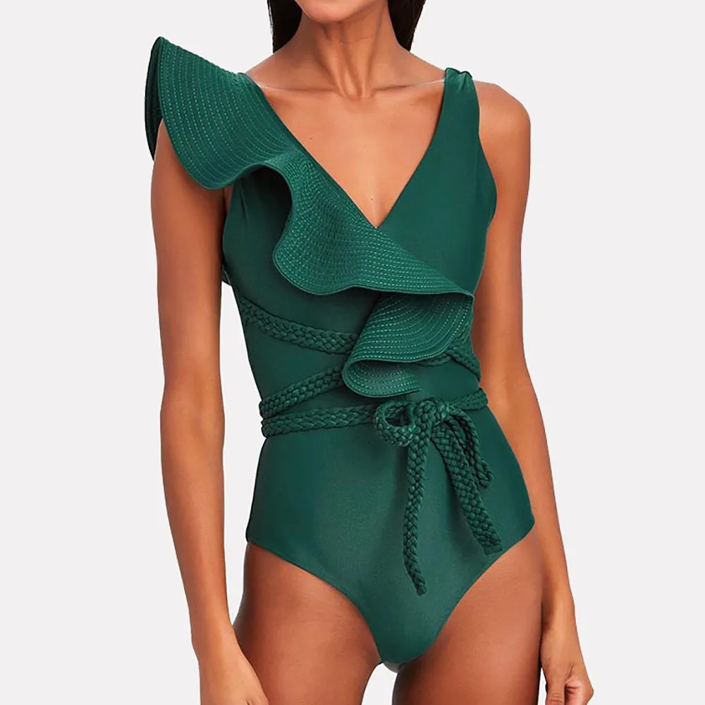 Fashion Ruffle Bikini One-piece Swimsuit Deep-v Beachwear Triangle Biquini Women Bathing Suit Summer Swimming Swimwear Backless