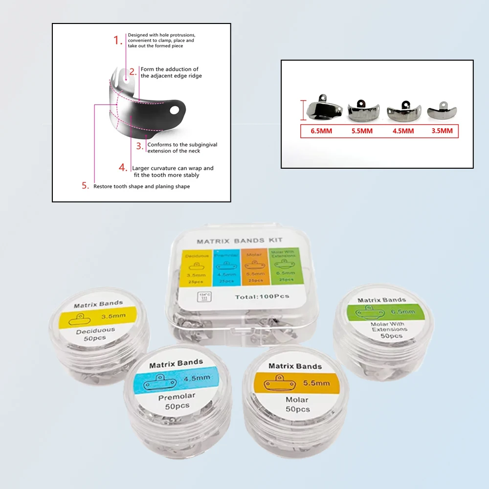 

Dental Metal Matrix Bands Kit 3.5/4.5/5.5/6.5mm Contoured for Teeth Restoration & Filling Dentistry Tools