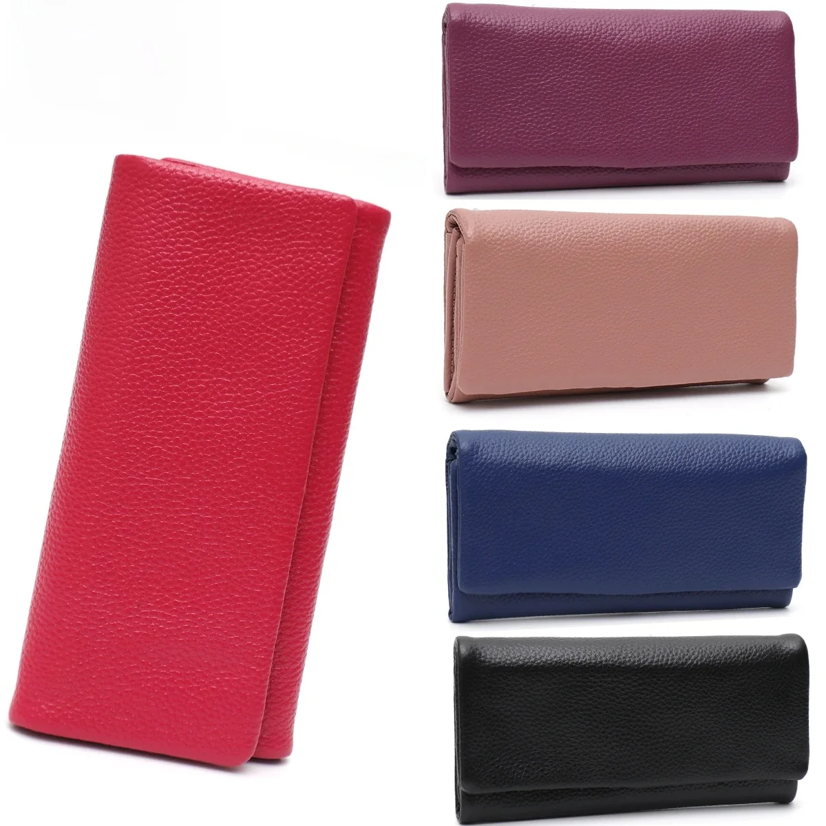 Moda damska Szykowny elegancki portfel z prawdziwej skóry Jednolity kolor Bifold Portmonetka na telefon Wiele miejsc na karty Funkcjonalny Codzienny Dorywczo Przenośny — zdjęcie 2