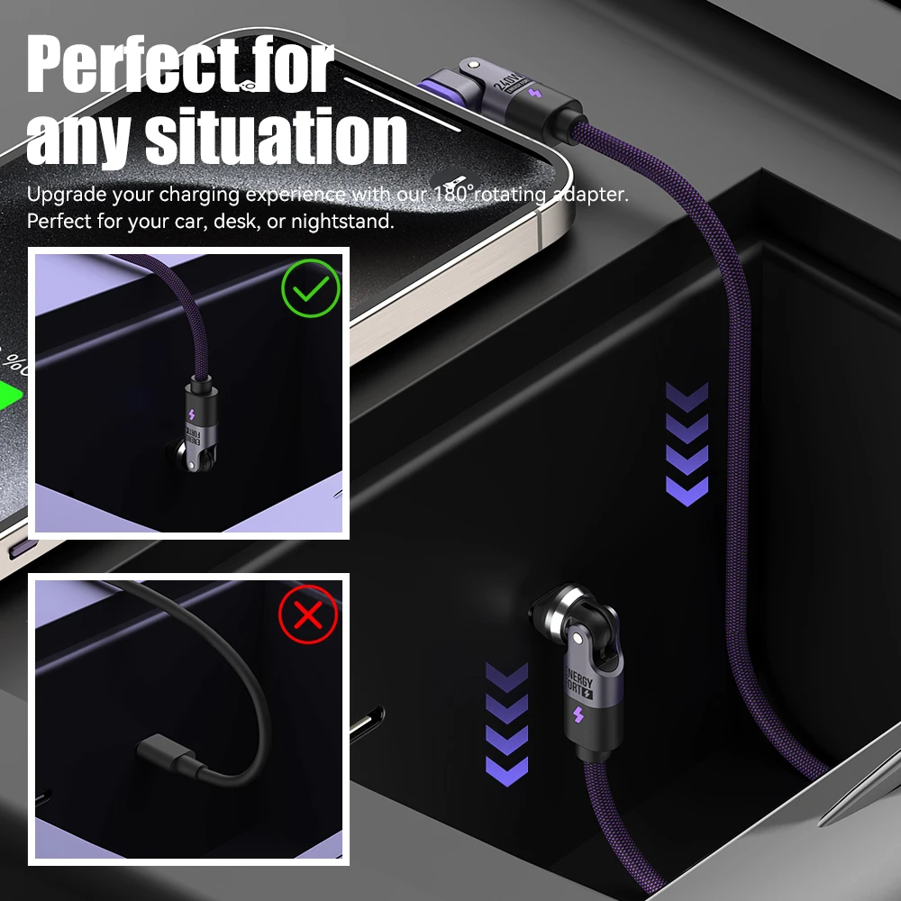 Kabel do szybkiego ładowania PD3.1 o mocy 240 W 540 °   Kabel obrotowy typu C 5A z materiału nylonowego do iPhone'a MacBook Samsung UGREEN/Anker powerbank — zdjęcie produktu 5