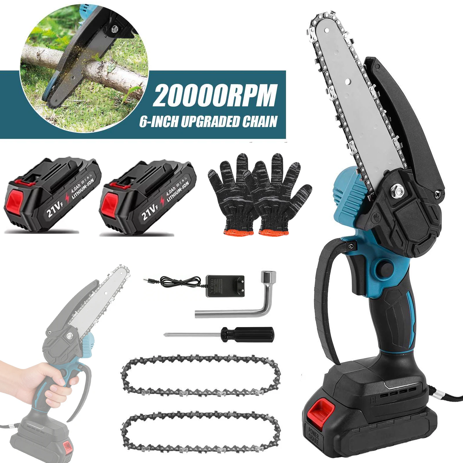 Scie à chaîne électrique jaune sans balais OWJHE 6 pouces 799W, outil professionnel de jardinage pour la taille des arbres, compatible avec la batterie Makita 21V