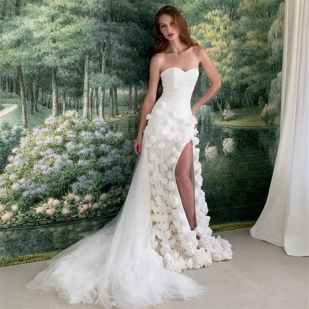 

20152# Romantic Strapless 3D Flowers Wedding Dress For Bride Stunning Engagement Party Evening Gown With Side High Split