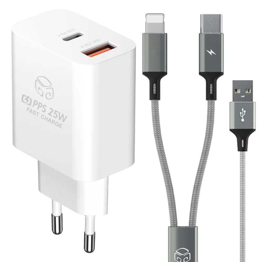 Digital support 25W PD 3.0 PPS 2 port super fast charger + 2in1 for iPhone C type multi fast charging cable