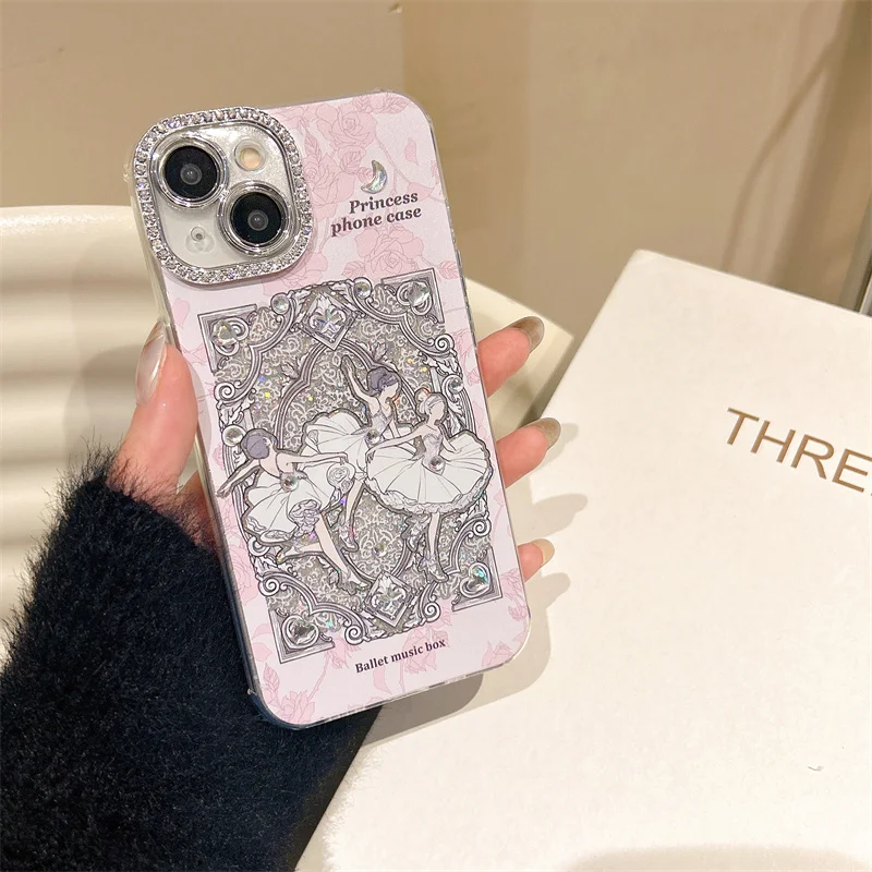 Luxury Flash Gem Ballerina Girl phone Case for iPhone 16 Pro Max 15 Pro 14 13Pro with Chain fashion pink Shockproof cover Capa