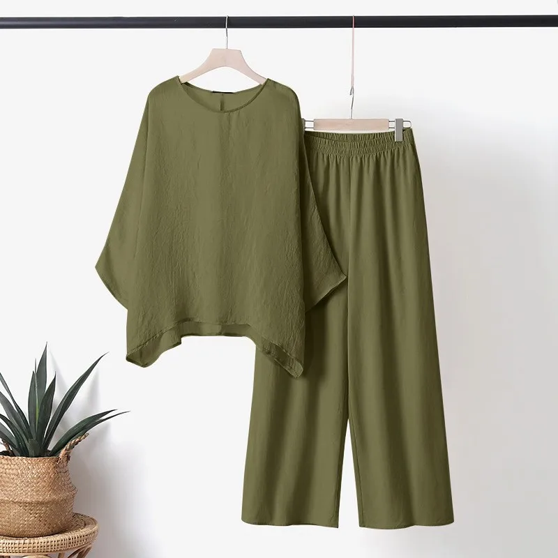 Blus Wanita Linen Set baju celana kaki lebar, baju olahraga atasan Pullover leher O lengan panjang wanita kasual longgar