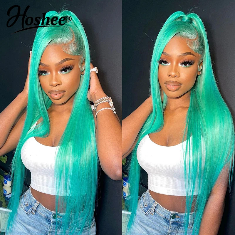 Straight Glueless Remy Hair, cor verde menta, perucas de renda parte T, peruca frontal transparente, cabelo humano brasileiro, 13x4, densidade de 180%, à venda