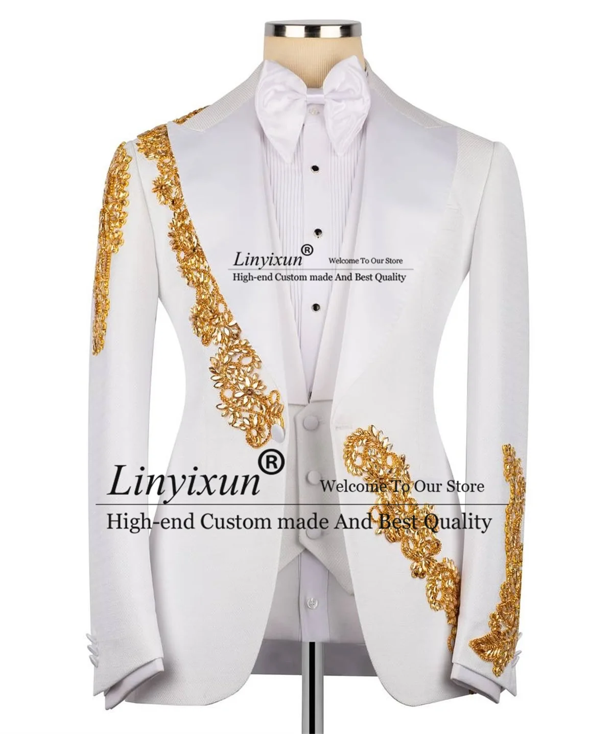 

Sparkly Jewelry Ornament Men Suit Customized Wedding Groom Tuxedos 3 Piece Set Male Prom Blazers Business Slim Fit Costume Homme