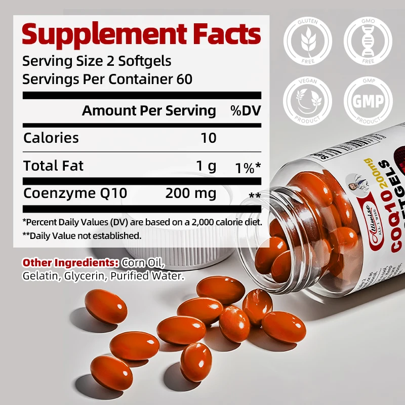 Alliwise Coenzyme Q10 CoQ10 200mg Capsules Antioxidant for Heart Health and Immune Support, Energy Production
