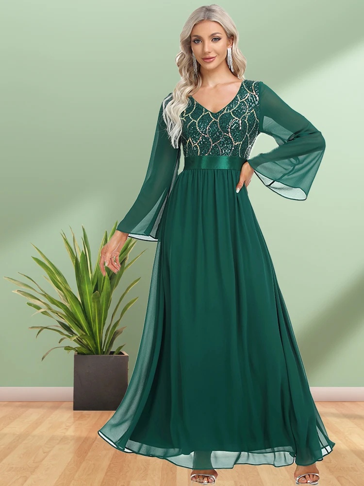 Women Elegant V-neck Long Sleeve Sequin Evening Dress A-Line Chiffon Wedding Party Gown For Bridesmaid 2022 New Vestido De Festa