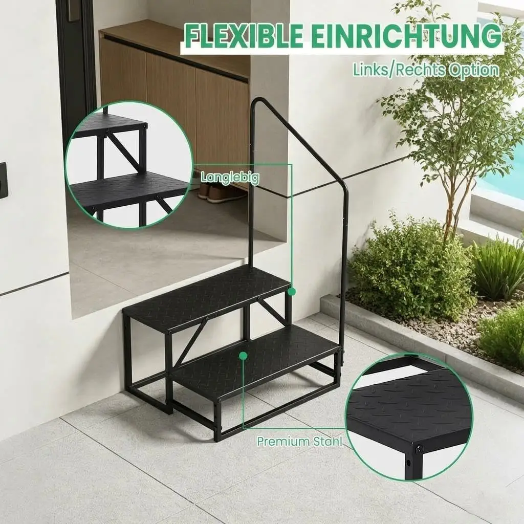 Escalón de seguridad para vehículos recreativos: antideslizante, soporta hasta 300 kg, fabricado con acero al carbono resistente, con escalones anchos, ideal para caravanas, vehículos de camping, jardines y piscinas. Color: amarillo/negro.