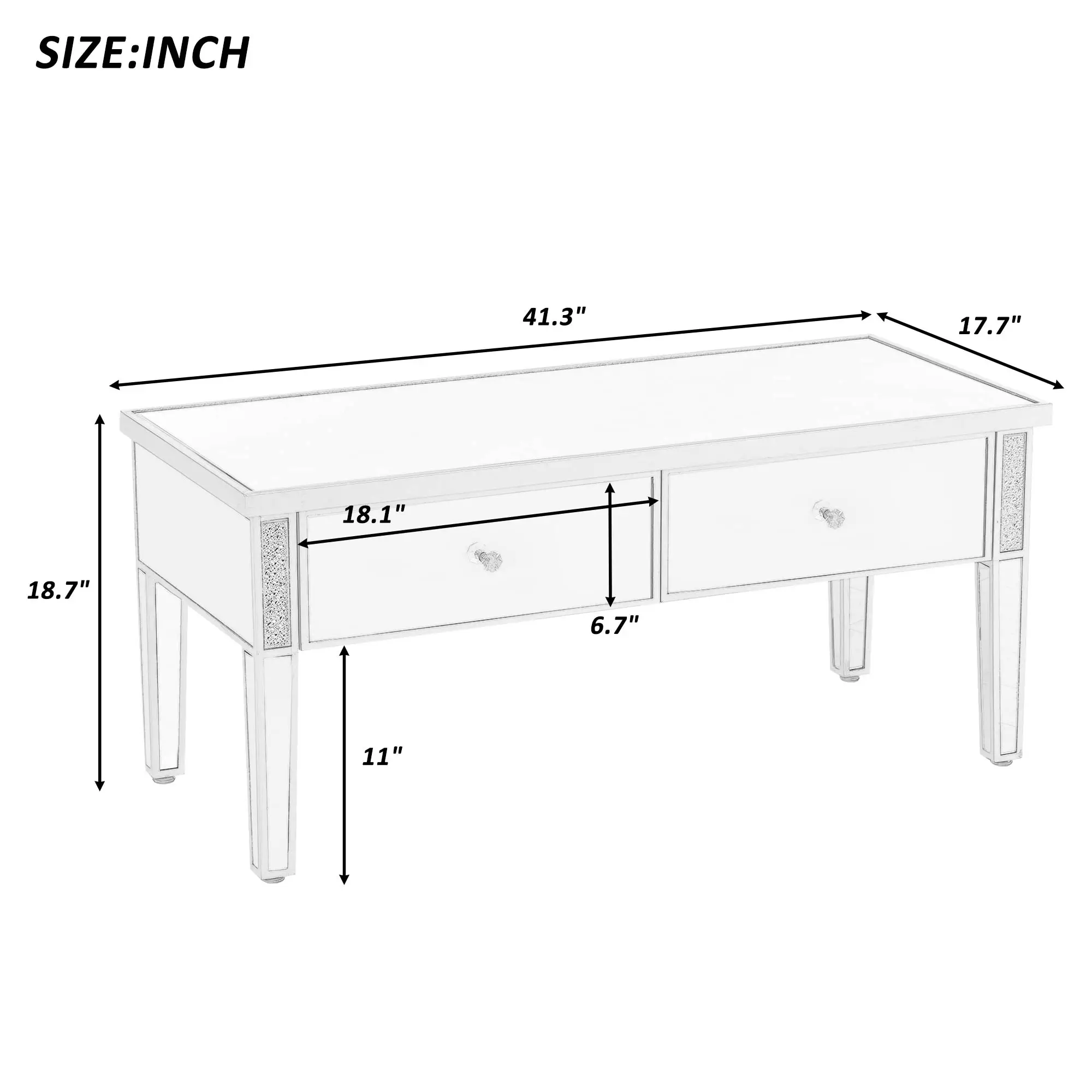 Modern Glass Mirrored Coffee Table W/2 Drawers Cocktail Table W/Crystal Handles&Adjustable Height Legs for Living Room Silver