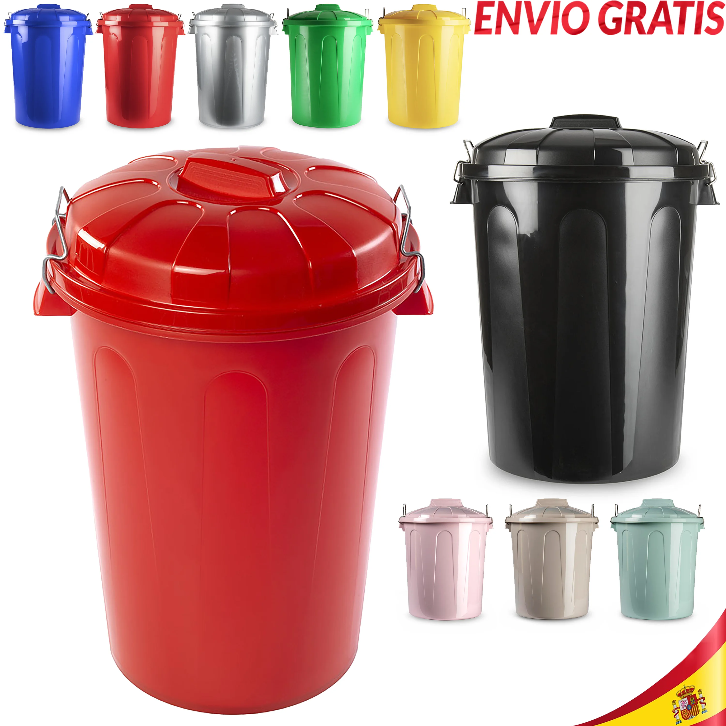 Cubo de Basura Papelera Comunidad Clásico con Tapadera Tapa Resistente y Duradero 7 31 51 70 y 100 Litros para Hogar Negocio Almacén Taller Oficina Patio Jardín Garaje Cocina Higiénico con Asas de Metal