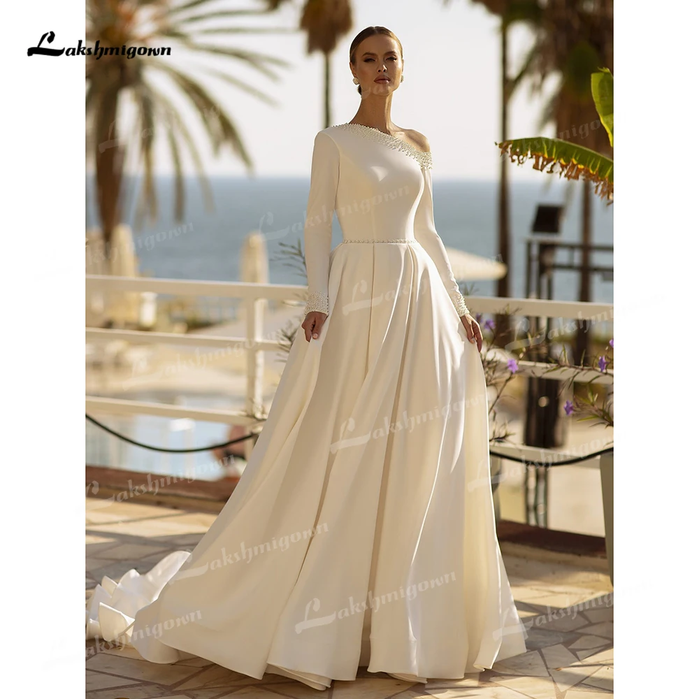 Sexy Beading Off-shoulder Long Sleeves Satin Beach A Line Wedding Dress For Women Customized Bridal Gown vestidos de novia robe