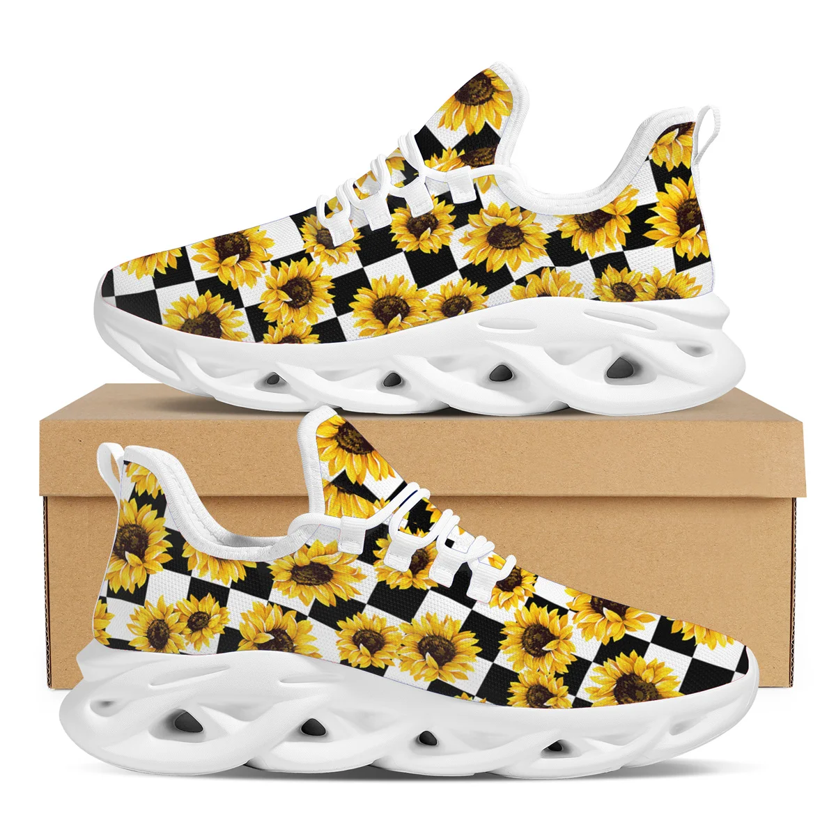 

Doginthehole Creative Plaid Design Ladies Sneakers Floral Sunflower Pattern Jogging Shoes Custom Lace Up Vulcanized Shoes