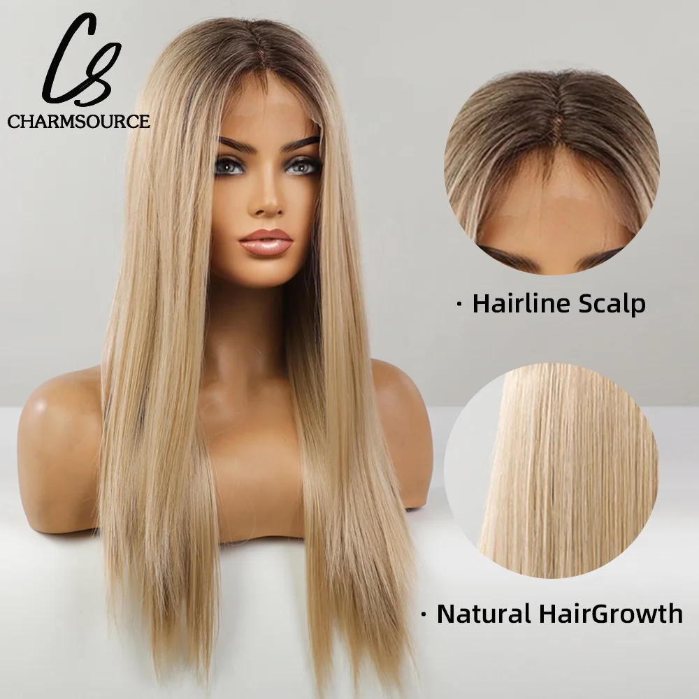 CharmSource Lace Front Wigs Brown Ombre Blonde Long Straight Hair  Daily Party Wig for Women Synthetic Heat Resistant