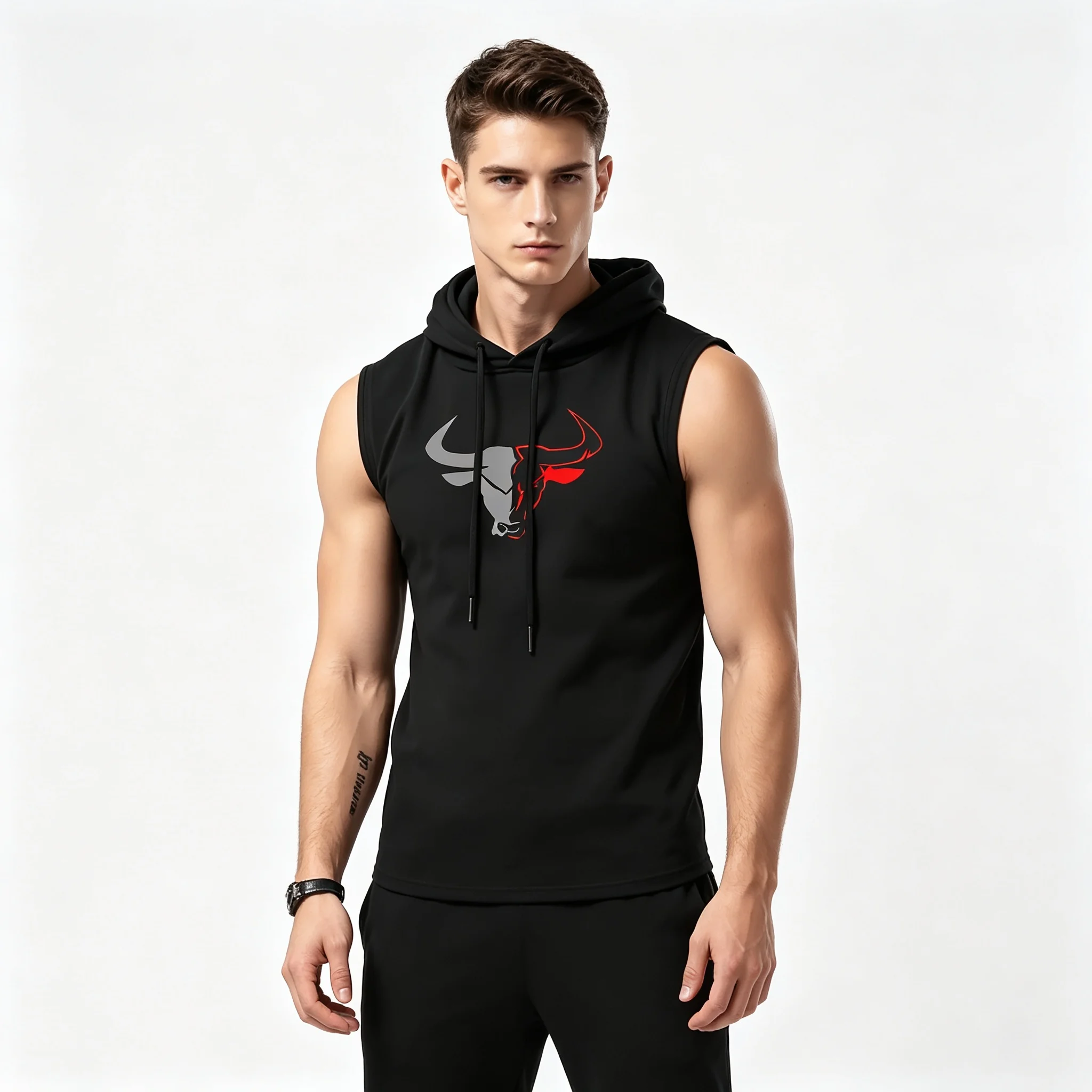 Herren Ärmelloses Hoodie-Tanktop mit Bullenkopf-Print, Fitness-Workout-Weste, Ärmelloses Kapuzenshirt, Lässige Sport-Tanktops