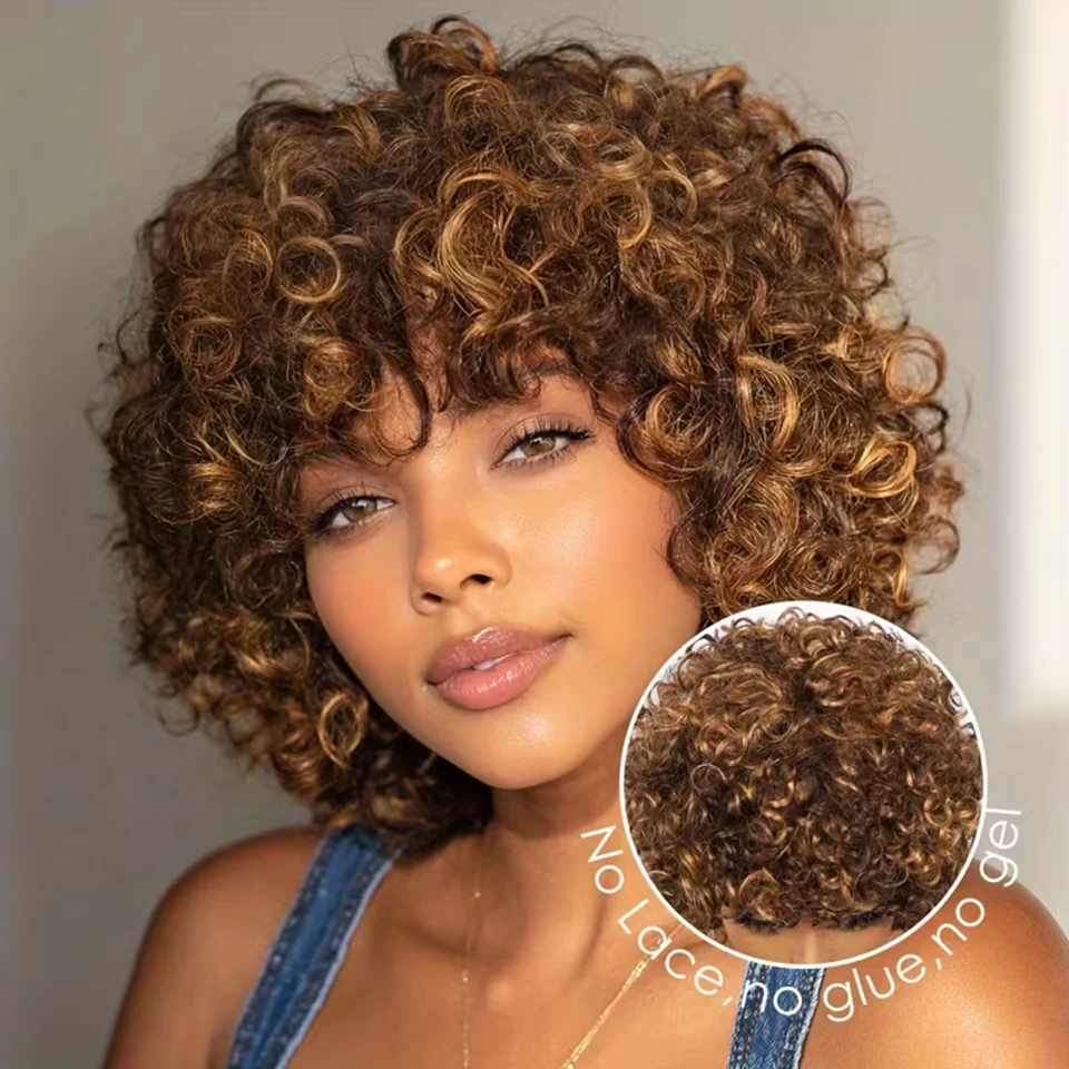 

Парик из натуральных волос Pixie Cut Curly Bob для женщин, без клея, с челкой, 10 дюймов, с цветными прядями, готовый к носке