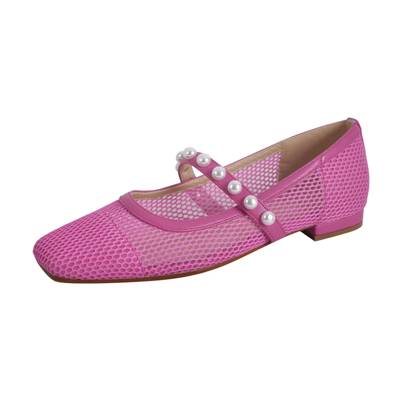 Onlymaker Woman Square Toe Flats Pearl Belt Mesh Flats Handmade Buckle Breathable Comfort Mary Jane Shoes