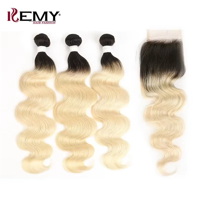 

Ombre Blonde Body Wave Bundles With Closure 4x4 Brazilian Non-Remy Human Hair Weave 3 Bundle With Lace Closure KEMY