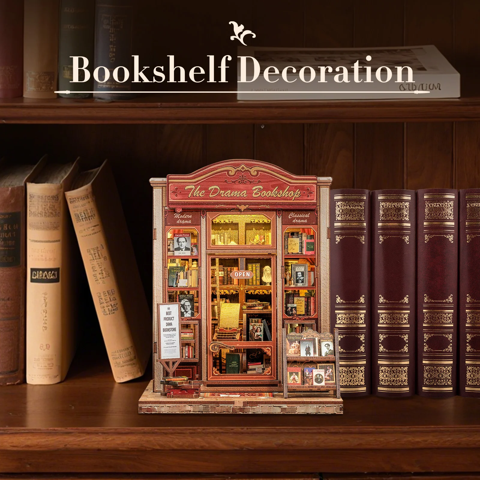 CUTEBEE 3D Wooden Puzzle Book Nook Kit DIY Miniature House Model to Build Bookshelf Insert with Realistic LED Lights Craft Kit