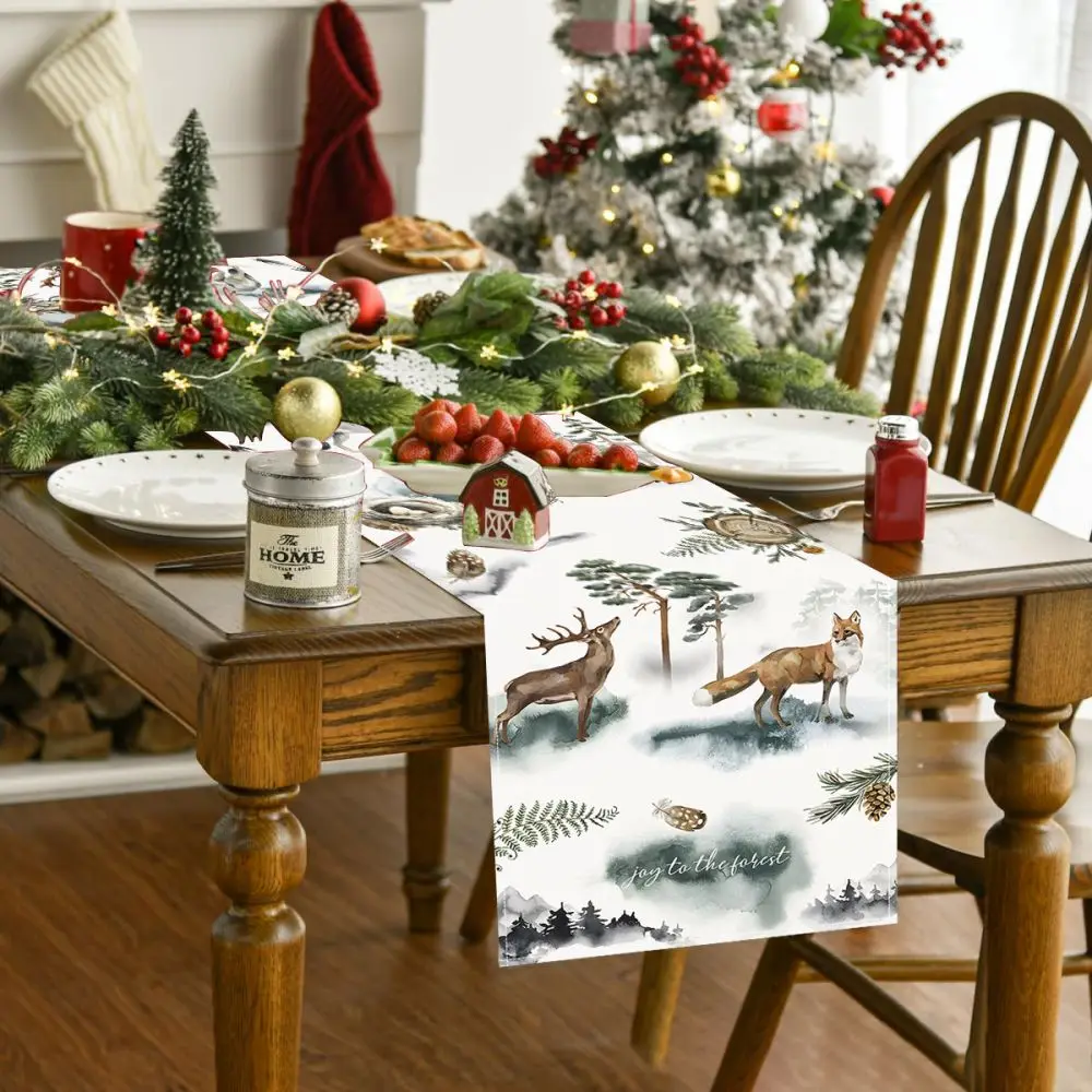 

New Reindeer Fox Pattern Table Runner Christmas Holiday Decorations Polyester Printed Tablecloth Anti-scalding Hand Washable Mat