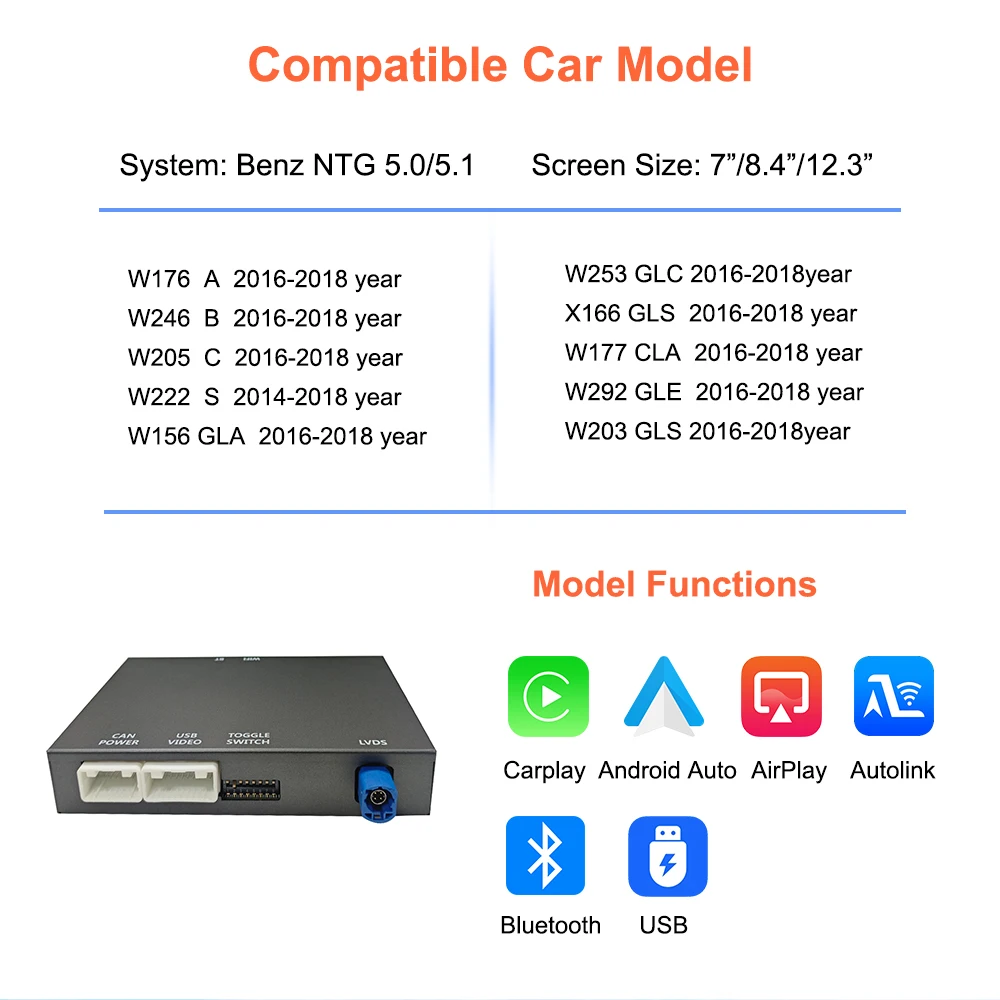 Draadloze CarPlay Android Auto Decoder voor Mercedes Benz A B C E Klasse GLA CLA GLC GLK W176 W204 W205 W246 W212 NTG4.5/4.7 NTG5.0