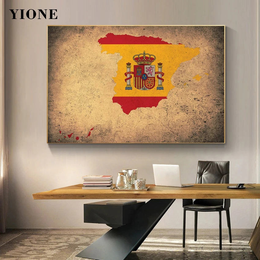 Vintage World Map Canvas Painting Spain Netherlands UK Portugal National Flag Posters and Prints Wall Art Picture Home Decor