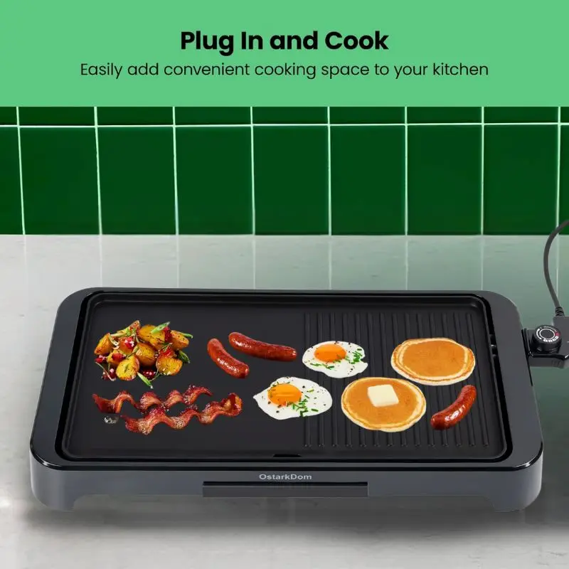 OstarkDom 2000W electric griddle with adjustable thermostat double-sided non-stick grille plate oil drip tray 57x30x7cm