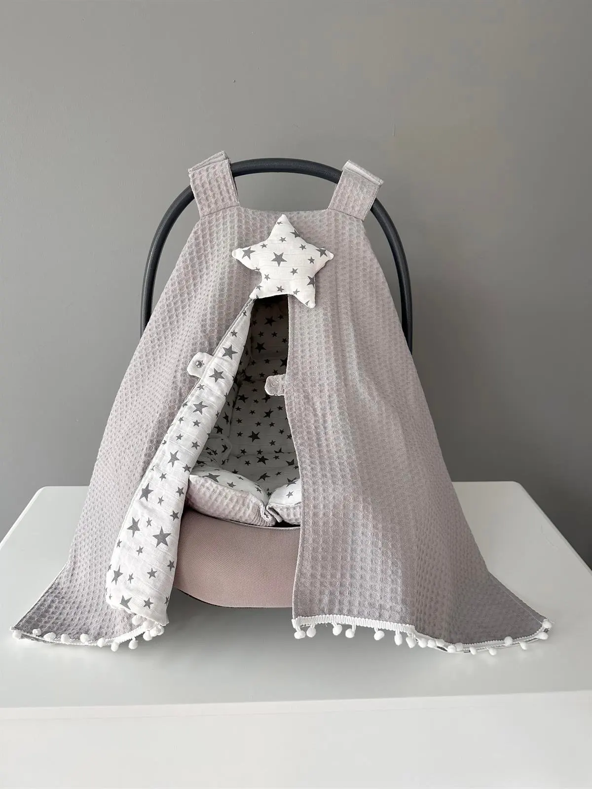 Handmade Gray Starry 100% Cotton Organic Fabric Stroller Cover and Cushion