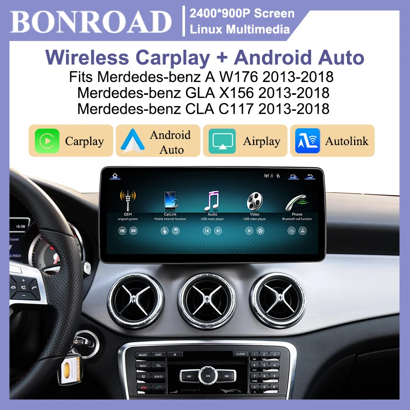 Bonroad 2400*900P, schermo da 12,8", lettore multimediale per auto con sistema Linux, connettività wireless Carplay e Android Auto, compatibile con Mercedes-Benz Classe A W176, GLA X156, CLA C117,