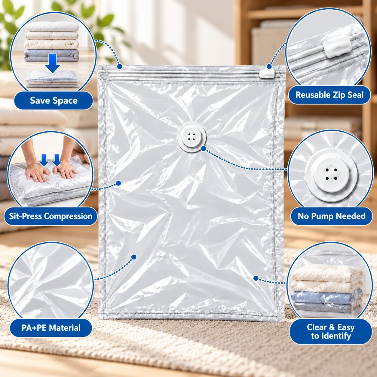 Vacuum Storage Bags No Pump Needed – Large Space Saver Bags for Clothes, Bedding & Blankets – Hand Press Compression Bags with Double Zip Seal & Air Valve (50x70cm)