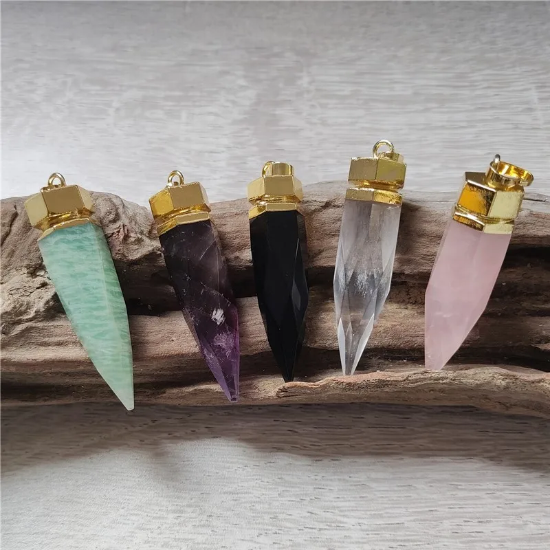 

FUWO Wholesale Crystal Spike Pendant,Amethysts/Obsidian/Amazonite Point Pendulum Accessories For Jewelry Making 5Pcs/Lot PD085GM