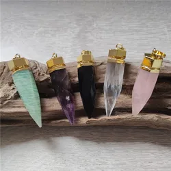 FUWO Wholesale Crystal Spike Pendant,Amethysts/Obsidian/Amazonite Point Pendulum Accessories For Jewelry Making 5Pcs/Lot PD085GM