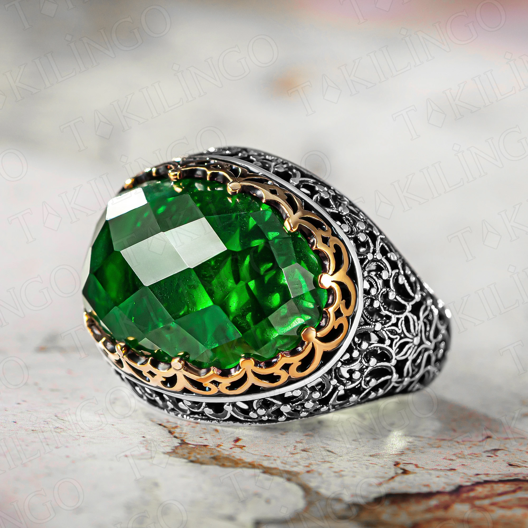 

Green Zircon Gemstone 925 Sterling Silver Big Elliptical Green Emerald Color Stone Ring for Men