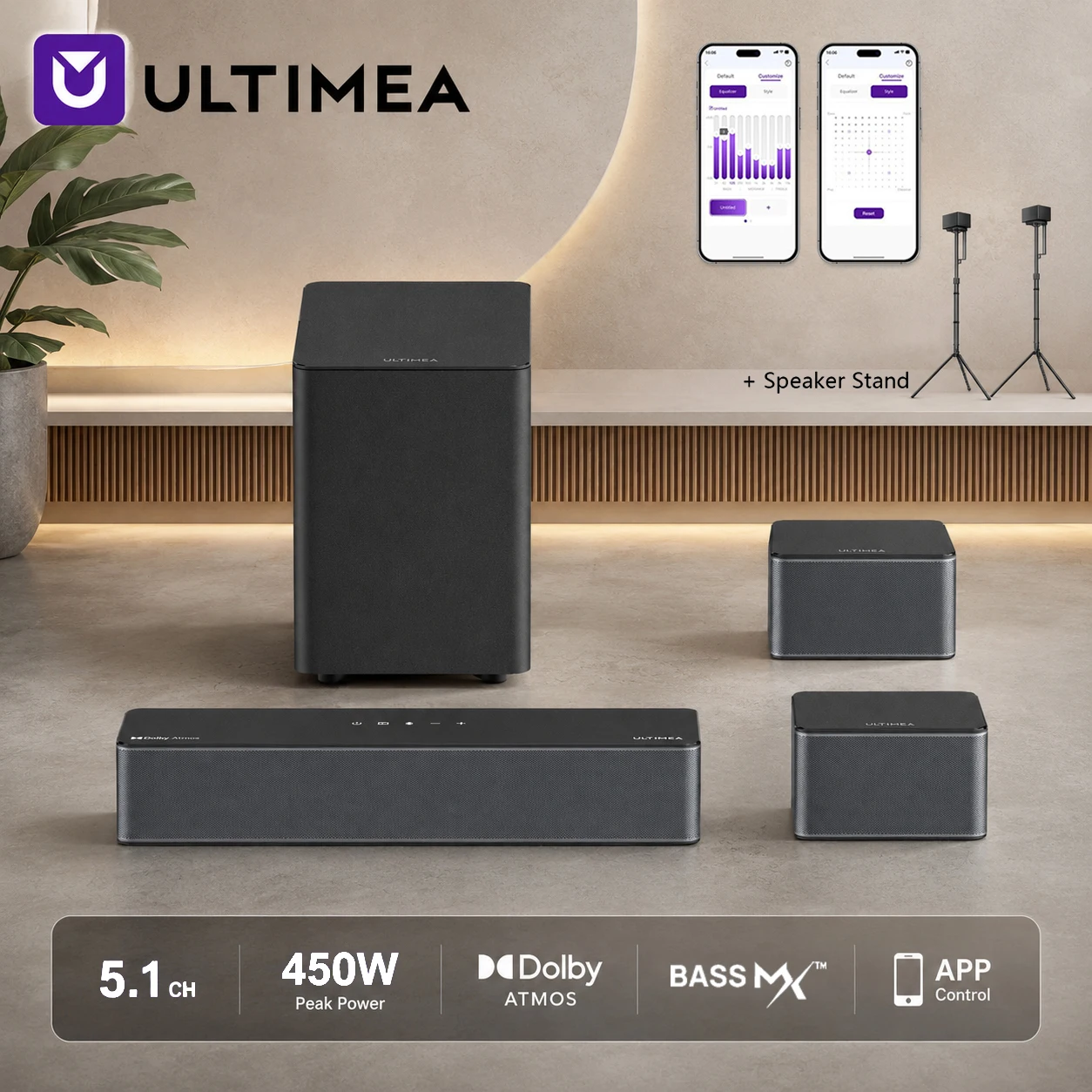 Barra de Sonido ULTIMEA 5.1 para Smart TV con Dolby Atmos y Subwoofer Inalámbrico, 2 Altavoces Surround, 450W de Potencia Máxima, Altavoces para Cine en Casa, Control por Aplicación
