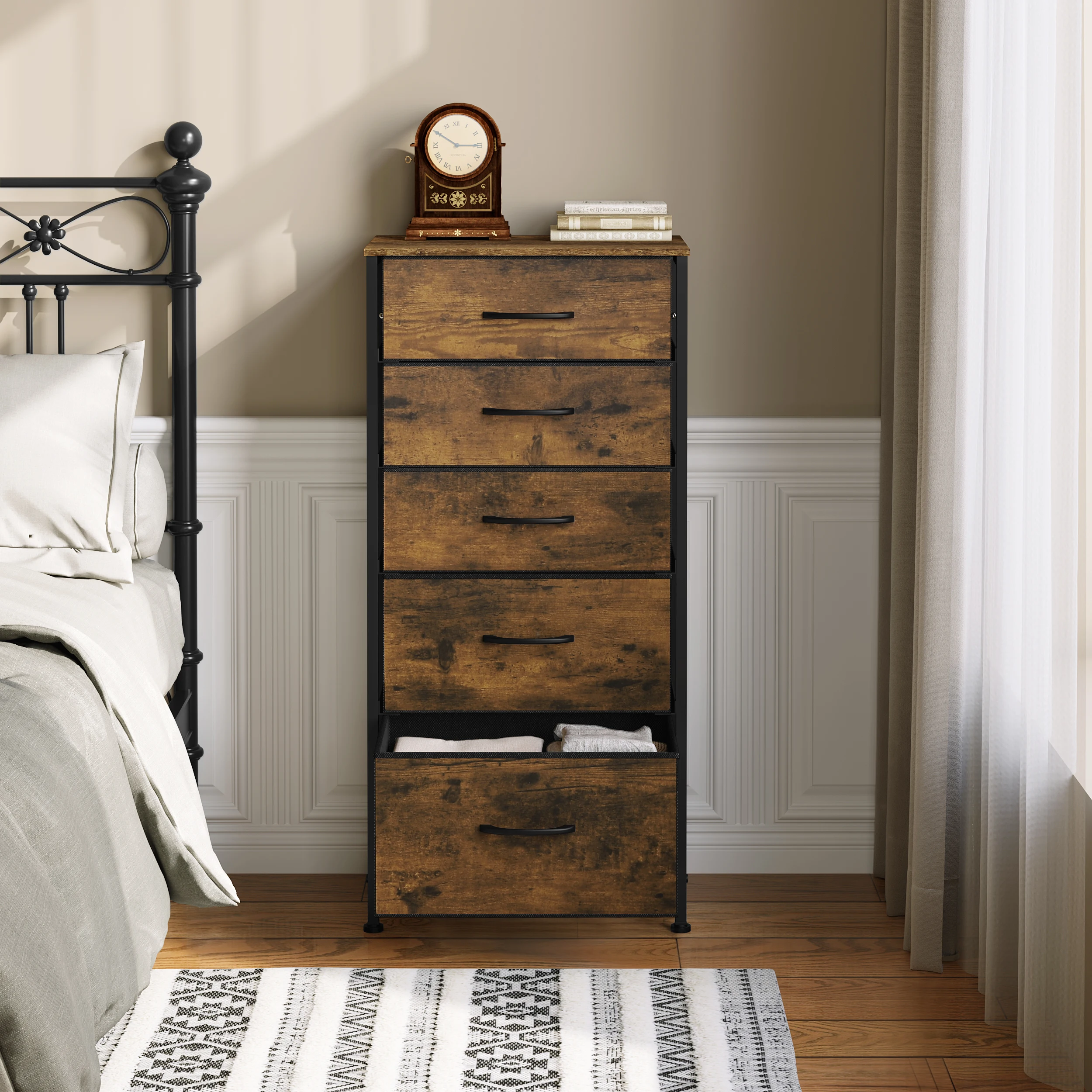 WOLTU خزانة غرفة المعيشة وحدة تخزين خزانة ملابس بنية ريفية شيفون مع 5 أدراج قماشية