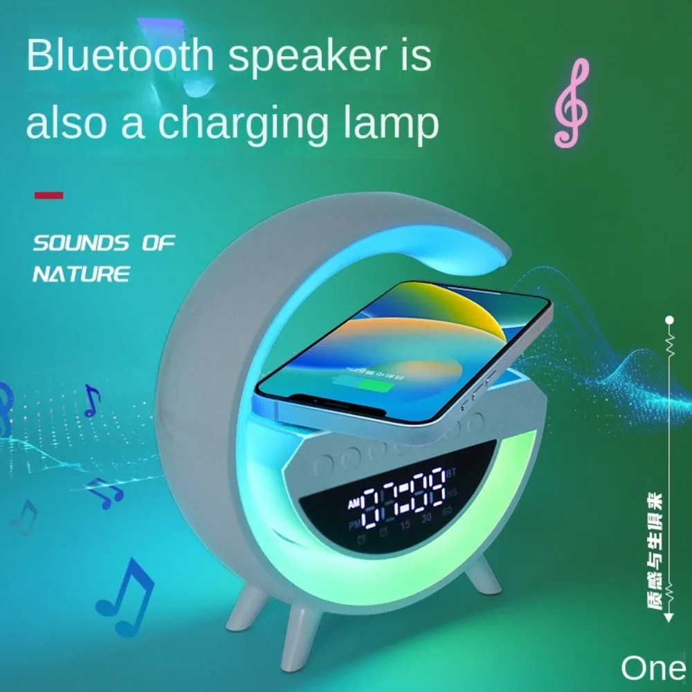 Smart LED Desk Lamp, 4-in-1 Wireless Charger Nightlight, App Control Bluetooth Speaker with Alarm Clock, Bedside Charging