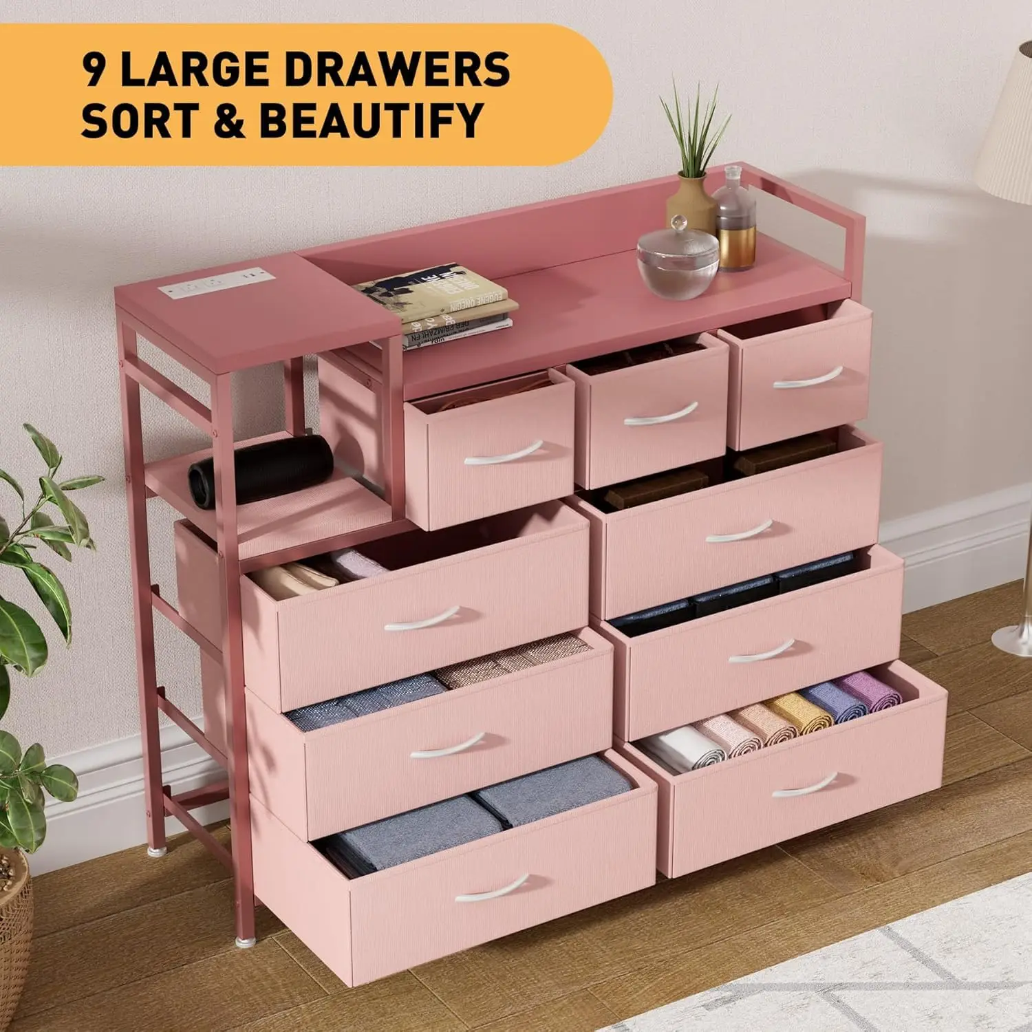 Meuble de rangement à 9 tiroirs en tissu rose avec support en MDF et métal, étagère 102,5x32x18,5cm pour entrée